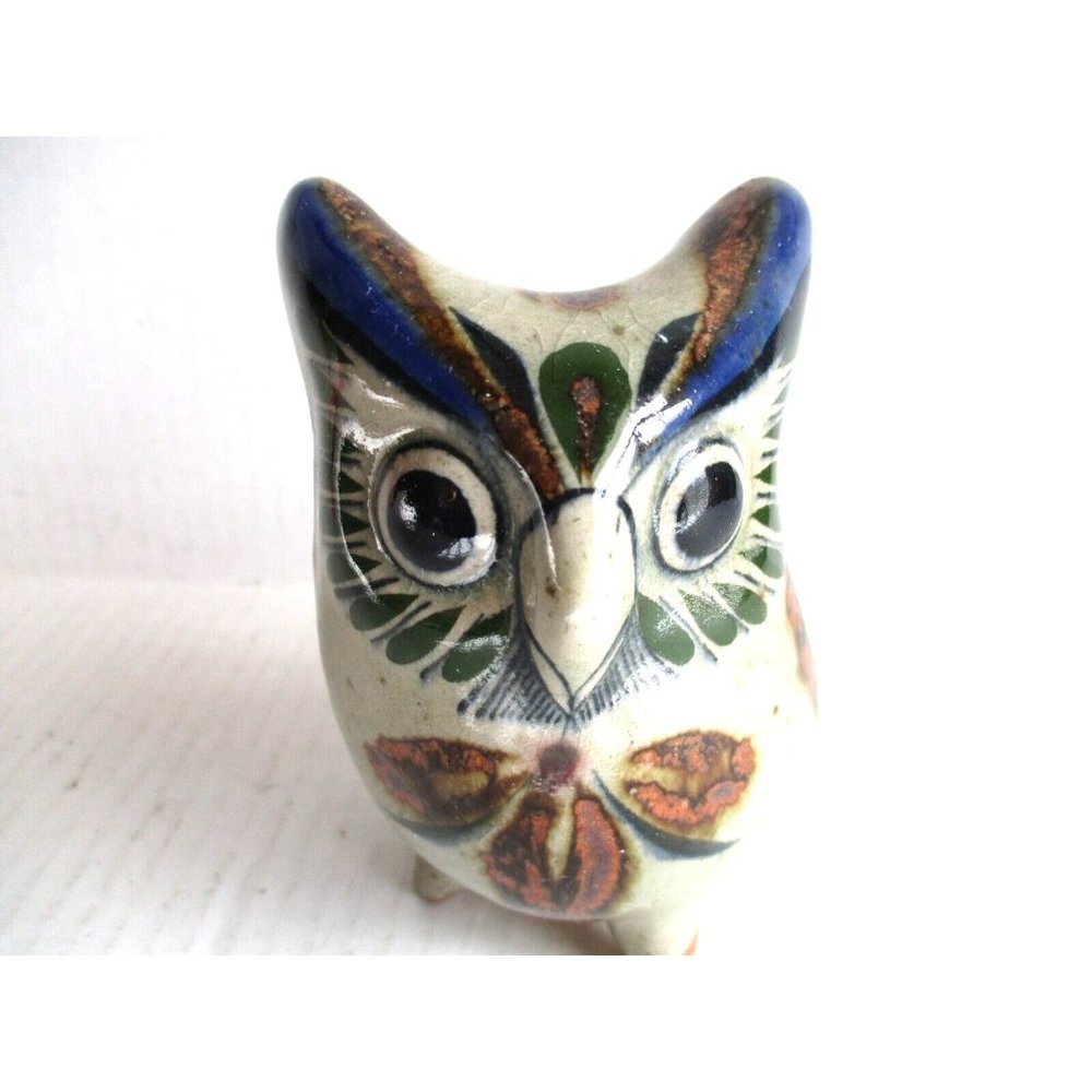 *Ceramic Brown Blue Owl Statue Terracotta earthenware Glossy Glaze Finish